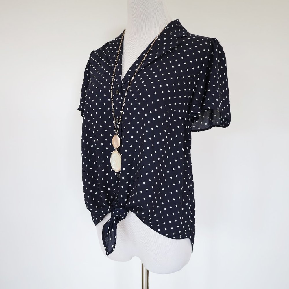 ANN TAYLOR Size Small Blue Navy White Polka Dot Short Sleeve Blouse Career